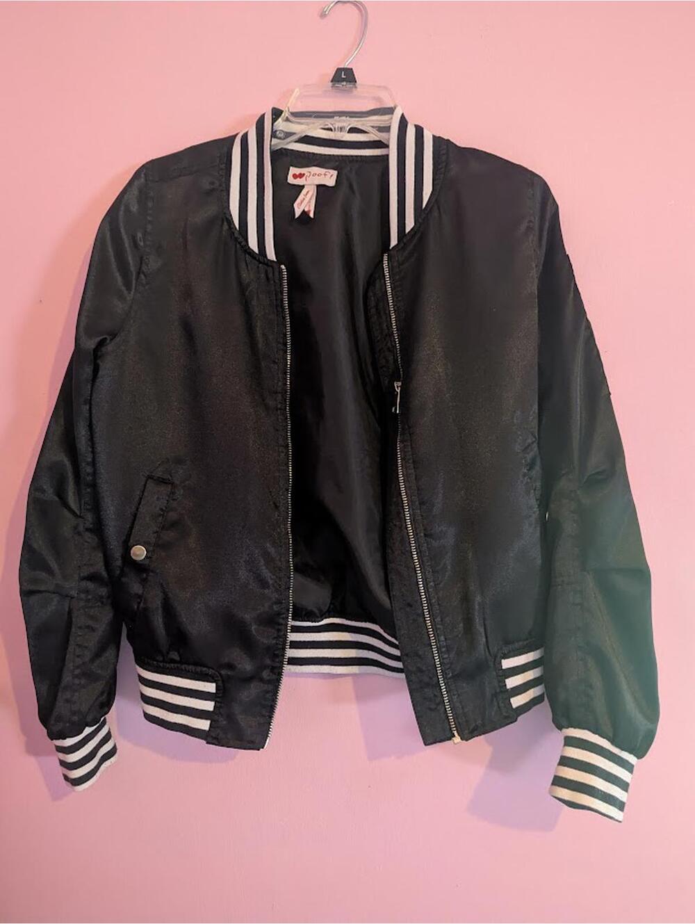 Poof! Black and white striped varsity windbreak jacket